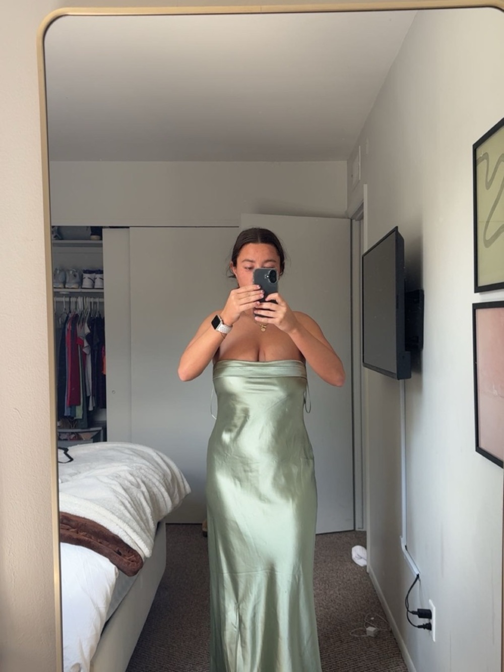 Altar'd State Satin Strapless Maxi Dress in Sage Green